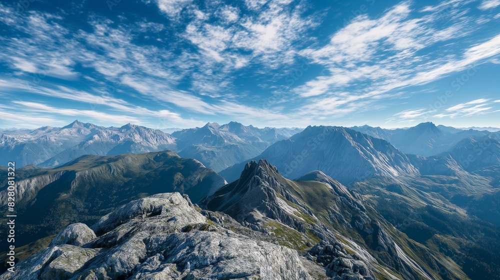 A tranquil mountain summit with a panoramic view of surrounding peaks, under a clear sky filled with scattered clouds 32k, full ultra hd, high resolution