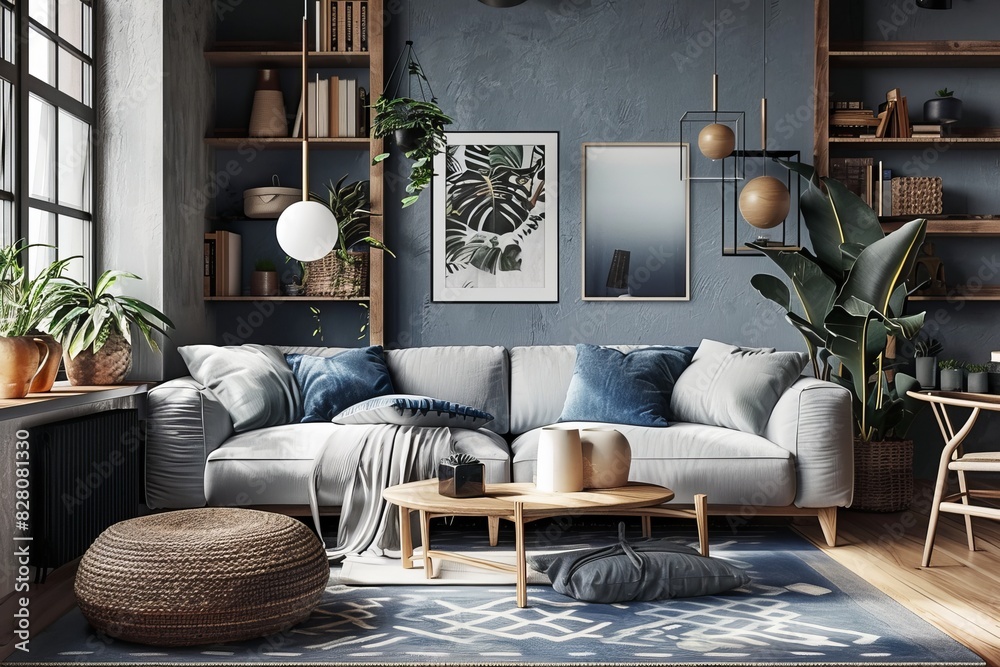 Fototapeta premium Scandinavian Sanctuary in Blue and Gray Tones Living Room Interior Design