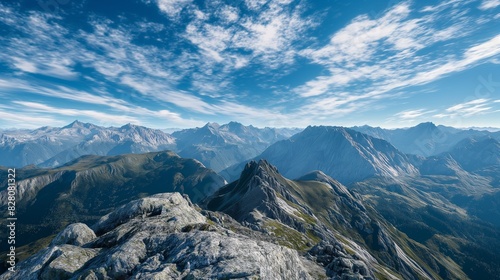 A tranquil mountain summit with a panoramic view of surrounding peaks  under a clear sky filled with scattered clouds 32k  full ultra hd  high resolution