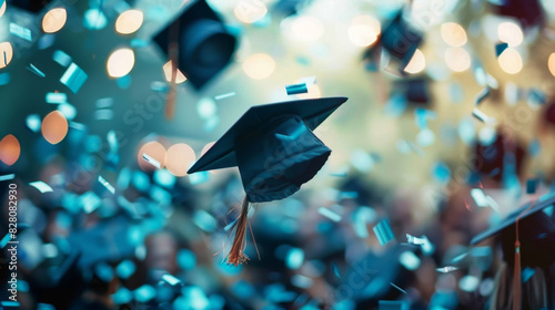 Graduation caps thrown in the air with blue confetti and bokeh lights in the background