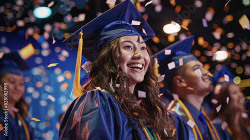 Graduates in blue gowns celebrating with confetti and joy