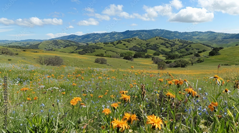 Rolling hills covered in wildflowers during a spring day Rolling hills covered in wildflowers during a spring day