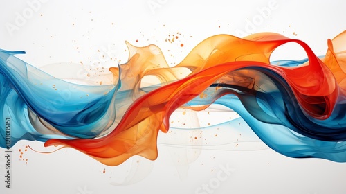 Abstract fluid smoke art with blue and orange swirls blending elegantly on a white background. Perfect for creative design inspiration and modern decor. photo