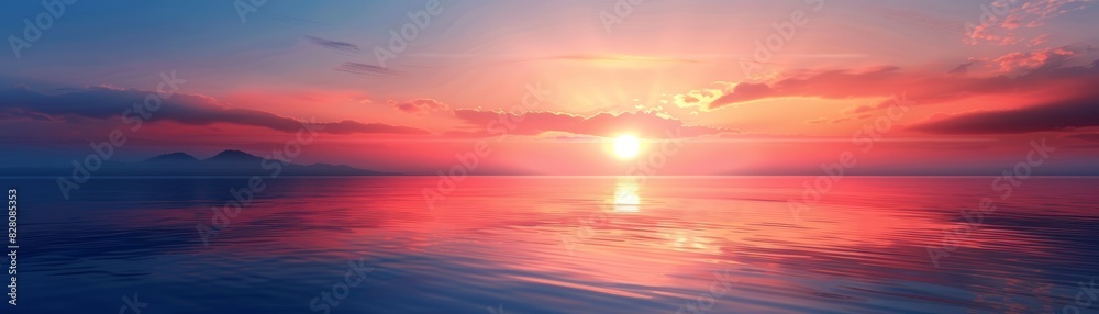 Beautiful panoramic sunset over the calm sea with vibrant colors reflecting in the water and a peaceful horizon. Beautiful panoramic sunset over the calm sea with vibrant colors reflecting in the water and a peaceful horizon.