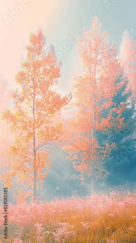 Beautiful trees in the fog, light pink and orange, grassy field, blue sky, sunlight shining through the leaves of autumn colored trees, high definition photography, soft focus realism, I can't believe © imlane