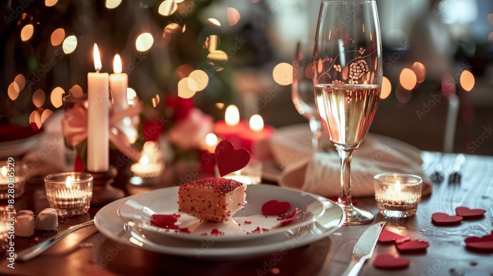 Valentine's Day romantic dinner setup with hearts and candles