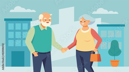 A happy couple in their retirement years holding hands as they walk into a community center for their annual health screenings.. Vector illustration