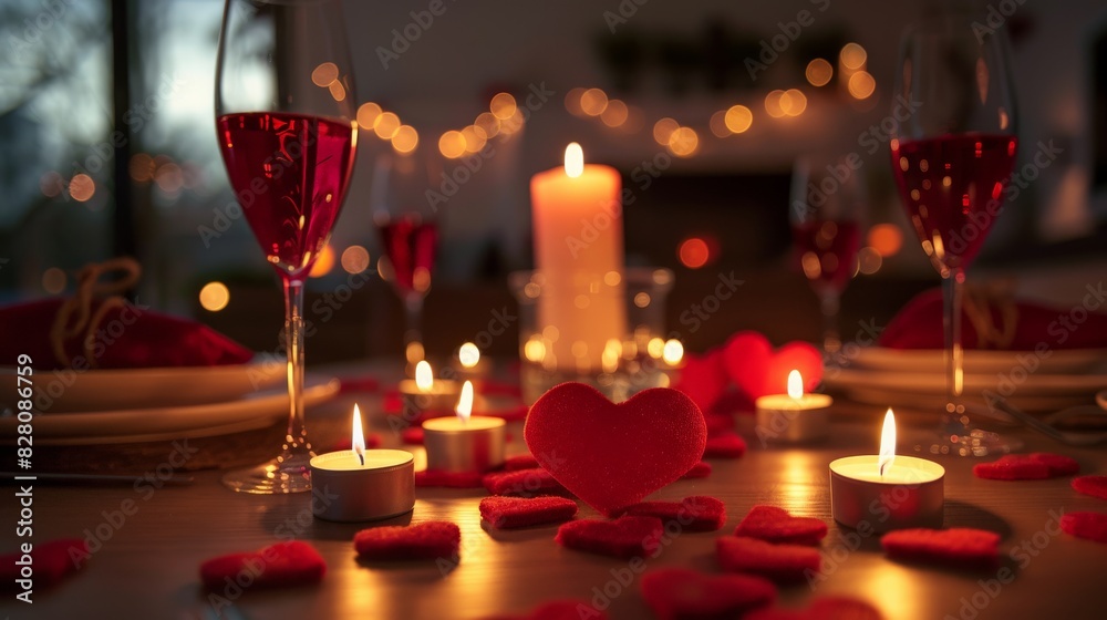 Valentine's Day romantic dinner setup with hearts and candles Valentine's Day romantic dinner setup with hearts and candles
