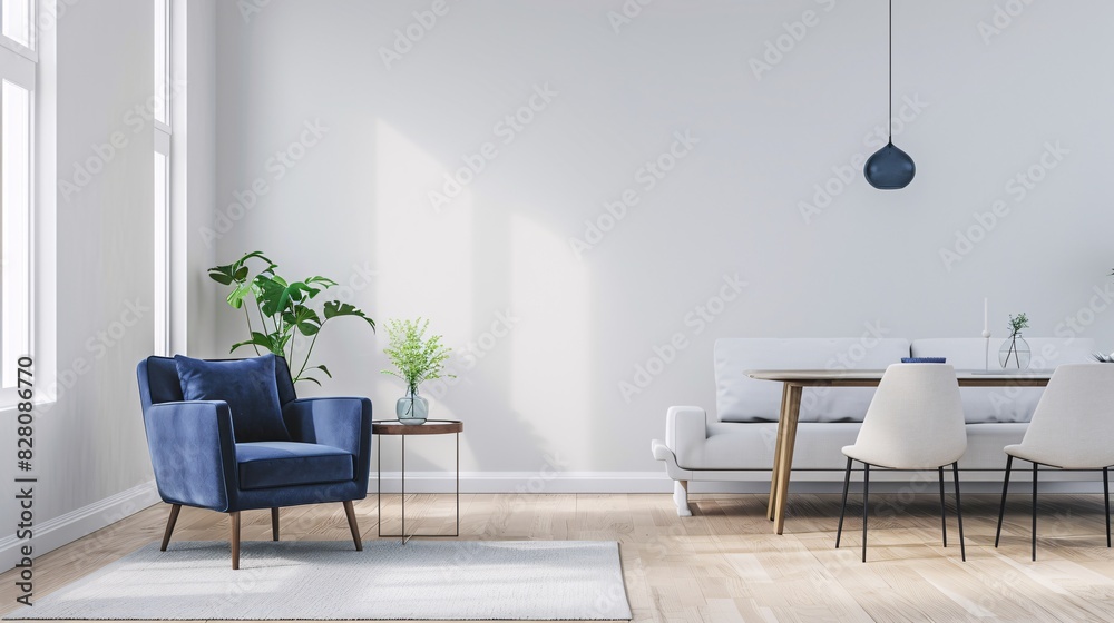 Minimalist living room with a white sofa and blue armchair, light grey walls, wooden floor. Modern home interior design of a modern dining area in a minimal style. Minimalist living room with a white sofa and blue armchair, light grey walls, wooden floor. Modern home interior design of a modern dining area in a minimal style.