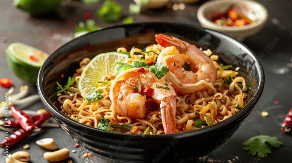 A bowl of flavorful Tom Yum Goong instant noodles, topped with juicy shrimp and garnished with lime and chili.