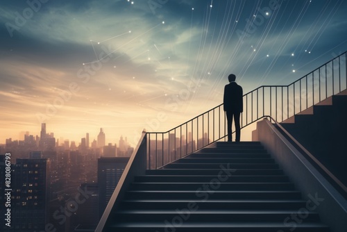 Man standing on stairs looking at growing graphs in city sky as business success and investment success concept