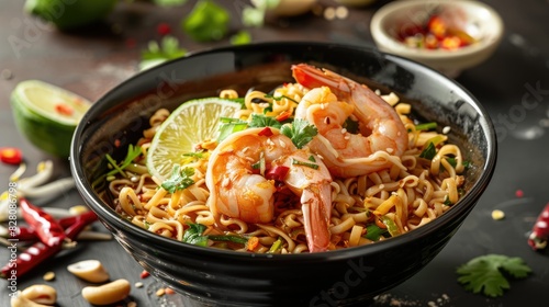 A bowl of flavorful Tom Yum Goong instant noodles  topped with juicy shrimp and garnished with lime and chili.