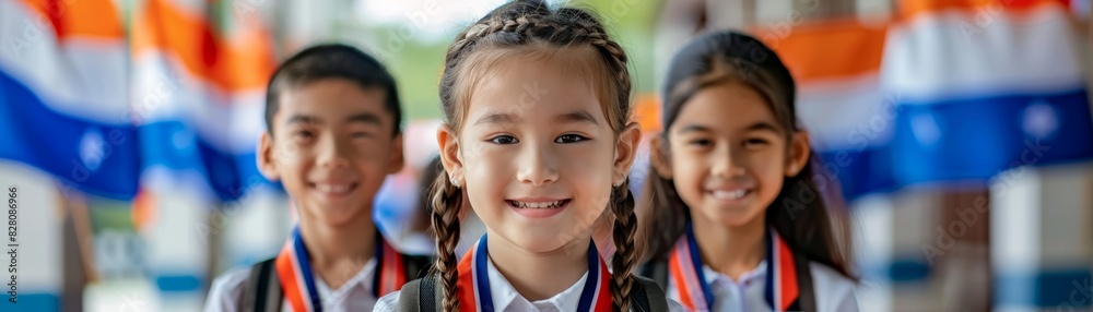 Three smiling children with medals and backpacks, standing together outdoors. Colorful flags in the background enhance the festive atmosphere. Three smiling children with medals and backpacks, standing together outdoors. Colorful flags in the background enhance the festive atmosphere.