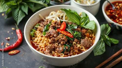 A bowl of spicy and savory Guay Teow Nam Tok noodles, garnished with tender meat, fresh greens, and chili slices, perfect for a comforting meal.