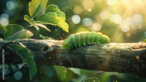 A close-up of a green caterpillar crawling on a wooden branch, with a soft-focus background of leaves and sunlight