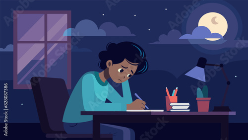 Late at night a teenager sits at their desk pouring their heart and soul into a poem about their struggles with depression and selfacceptance.. Vector illustration