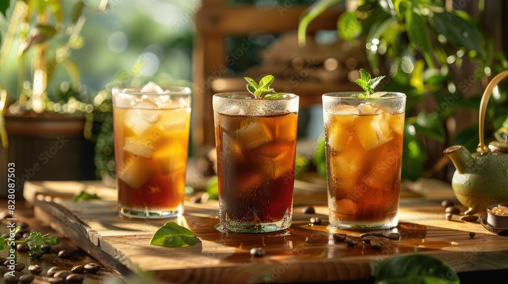 A glass brimming with aromatic coffee, soothing green tea, and crisp iced tea, promising a delightful and refreshing drink trio. A glass brimming with aromatic coffee, soothing green tea, and crisp iced tea, promising a delightful and refreshing drink trio.