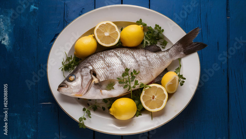 Delicious baked dorada sea bream fish with lemons garnished with fresh herbs on a plate