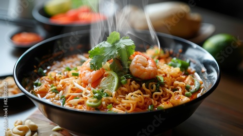 A steaming bowl of Tom Yum Goong instant noodles, garnished with shrimp, lime, and fresh herbs, showcasing its spicy and tangy flavors.