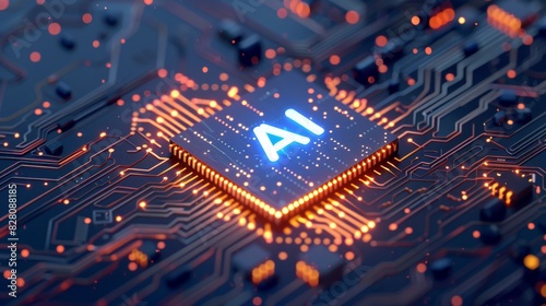 A closeup of an AI chip on the circuit board, with glowing lights and 