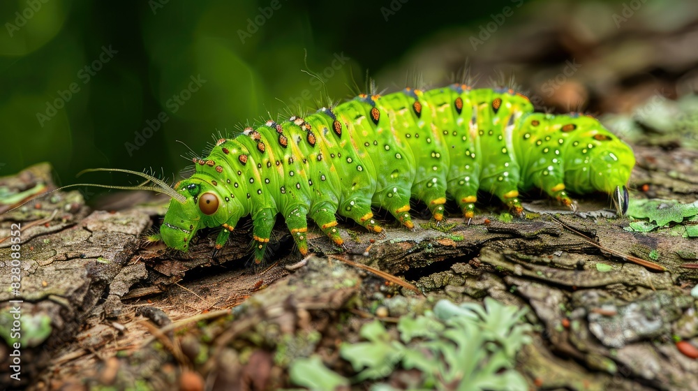 A vibrant green caterpillar crawling along a tree branch, showcasing its bright color against the natural wood texture. A vibrant green caterpillar crawling along a tree branch, showcasing its bright color against the natural wood texture.
