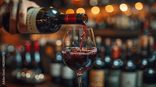 A bottle of red wine being poured into a glass at a bar with blurred background. Perfect for wine  bar  and celebration themes.
