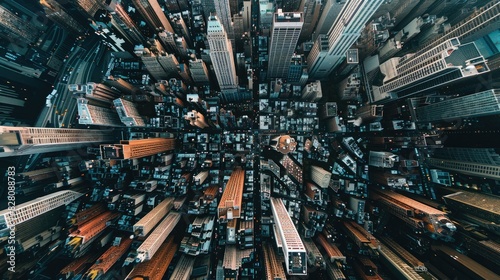 Aerial shot of a bustling cityscape  showcasing skyscrapers and urban life from above.