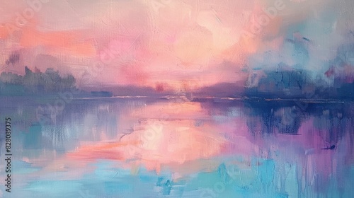 A rectangle painting of a natural landscape featuring a lake with a beautiful sunset in the background. The sky is filled with cumulus clouds, creating a stunning art piece AIG50 © Summit Art Creations