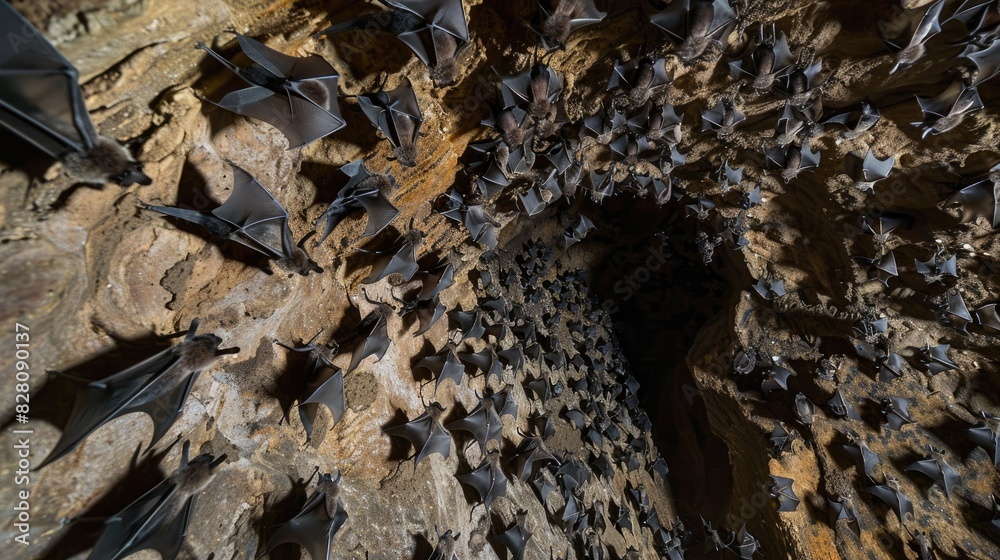 Bird's-eye view of bats swarming into a cave, revealing the mesmerizing patterns of their flight. Bird's-eye view of bats swarming into a cave, revealing the mesmerizing patterns of their flight.