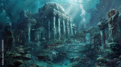 Underwater civilization with mermaids and ancient ruins beneath the ocean photo