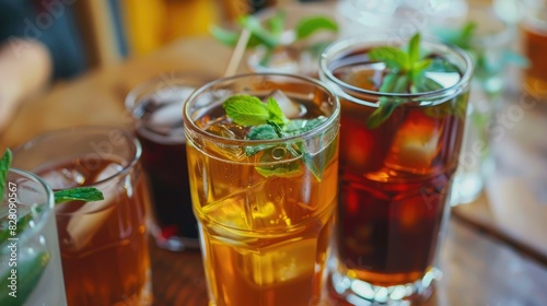Close-up of a glass filled with aromatic coffee, green tea, and refreshing iced tea, inviting a delightful beverage experience.