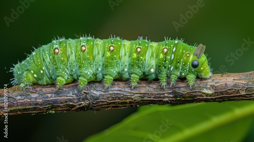 Close-up of a green caterpillar inching its way up a twig, with detailed focus on its tiny legs and segmented body. © chanidapa