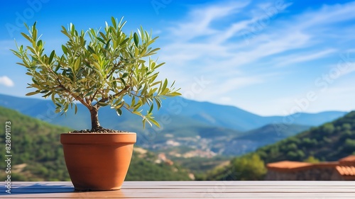Olive tree in a terracotta pot on the terrace overlooking the sea