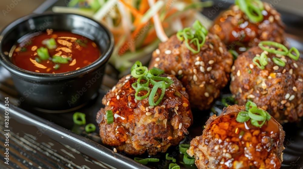 Close-up of crispy fried meatballs on a stylish plate, served with vibrant dipping sauces and garnished with green onions. Close-up of crispy fried meatballs on a stylish plate, served with vibrant dipping sauces and garnished with green onions.