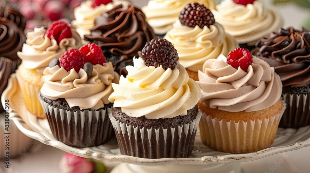 Close-up of gourmet cupcakes featuring intricate designs and delicious toppings, arranged on a dessert platter. Close-up of gourmet cupcakes featuring intricate designs and delicious toppings, arranged on a dessert platter.