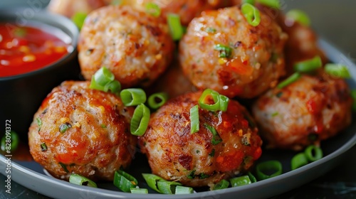 Close-up of crispy fried meatballs on a stylish plate, served with vibrant dipping sauces and garnished with green onions.