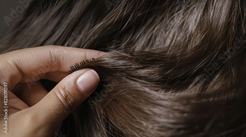 Close-up of a woman pointing to her voluminous hair while brushing it, showcasing the results of proper hair care and styling.