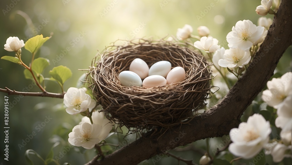 Fototapeta premium High in the branches, a delicate nest cradled new life in the morning light ai_generated