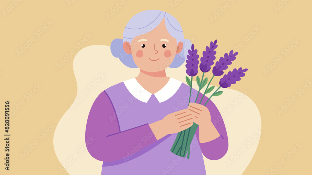 A senior holding up a bushel of fresh lavender from her garden explaining how she uses it to make her own allnatural linen spray for a better nights sleep.. Vector illustration A senior holding up a bushel of fresh lavender from her garden explaining how she uses it to make her own allnatural linen spray for a better nights sleep.. Vector illustration
