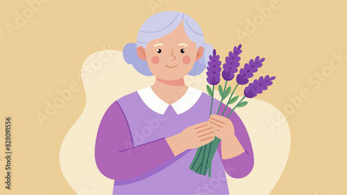 A senior holding up a bushel of fresh lavender from her garden explaining how she uses it to make her own allnatural linen spray for a better nights sleep.. Vector illustration