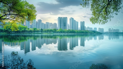 Composite image of a serene lake with the reflection of a city skyline  capturing the essence of urban tranquility.