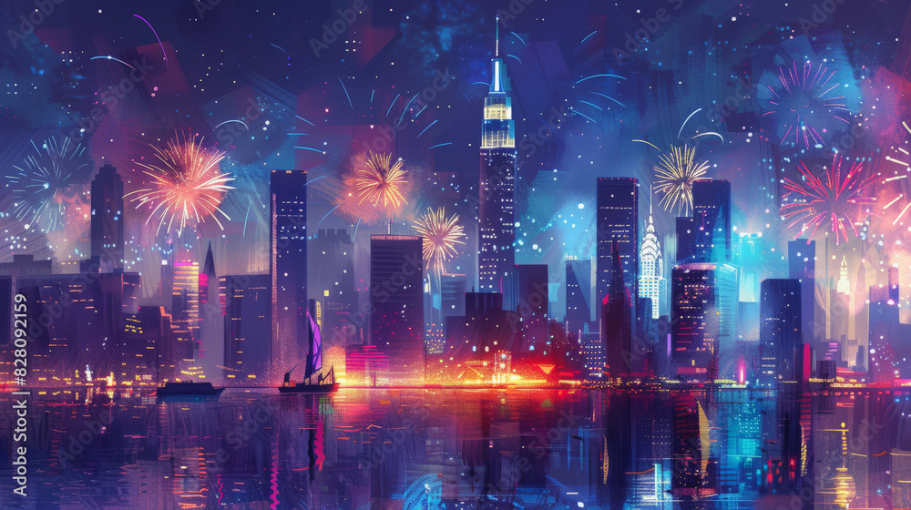 4th of july : Vibrant cityscape illuminated by stunning fireworks, reflecting on the water, creating a magical night-time atmosphere with skyscrapers shining brightly against the colorful sky.