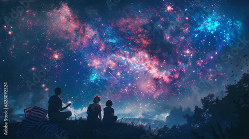 4th of july :Three silhouettes sit on a hillside, gazing at a mesmerizing, colorful night sky filled with stars and vibrant cosmic clouds.