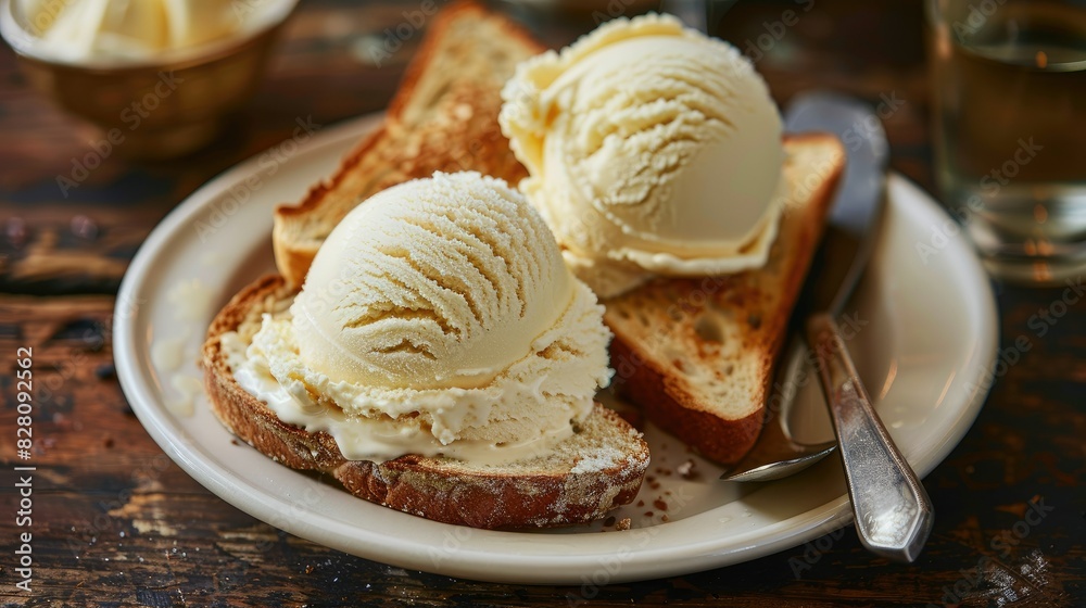 Creamy ice cream paired with soft bread, creating a mouthwatering combination of sweet indulgence. Creamy ice cream paired with soft bread, creating a mouthwatering combination of sweet indulgence.