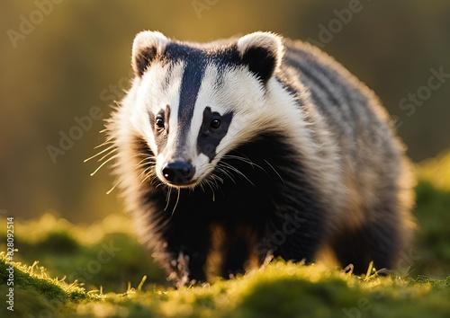 A badger (Mustelidae) sitting in the grass in Dumfries and Galloway, Scotland. photo