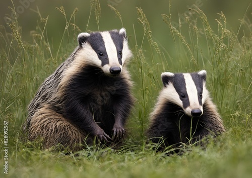 A badger (Mustelidae) sitting in the grass in Dumfries and Galloway, Scotland.
