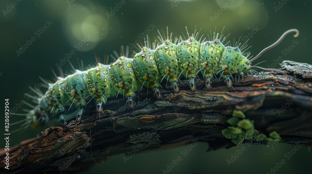 Detailed shot of a green caterpillar on a branch, highlighting its intricate body patterns and the rough texture of the bark. Detailed shot of a green caterpillar on a branch, highlighting its intricate body patterns and the rough texture of the bark.