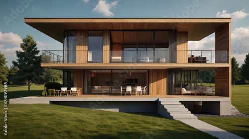 Modern home cross section, 3d rendering minimalist © Damai Studio