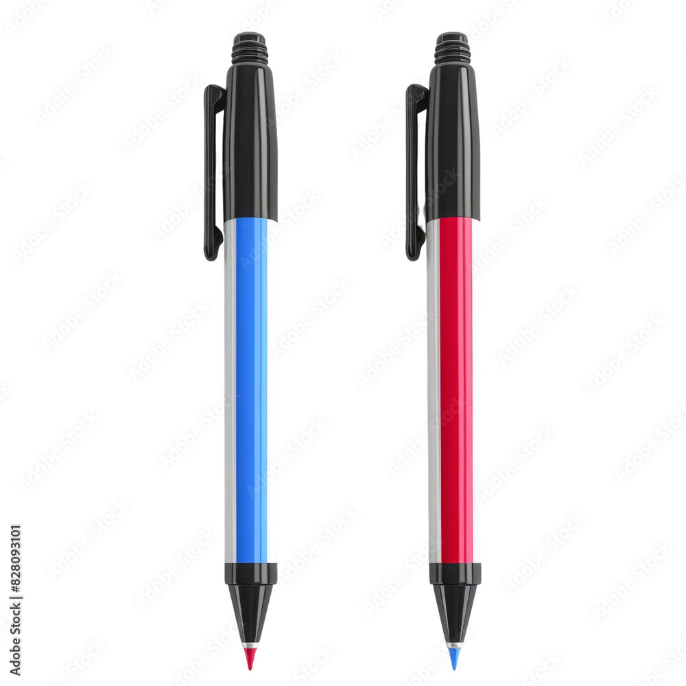 Two plastic pens with different colors isolated on white background Two plastic pens with different colors isolated on white background