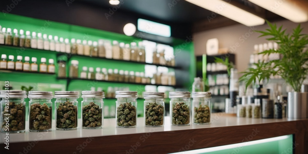 Cannabis store, cannabis dispensary, cannabis shop with product display and modern clean architecture